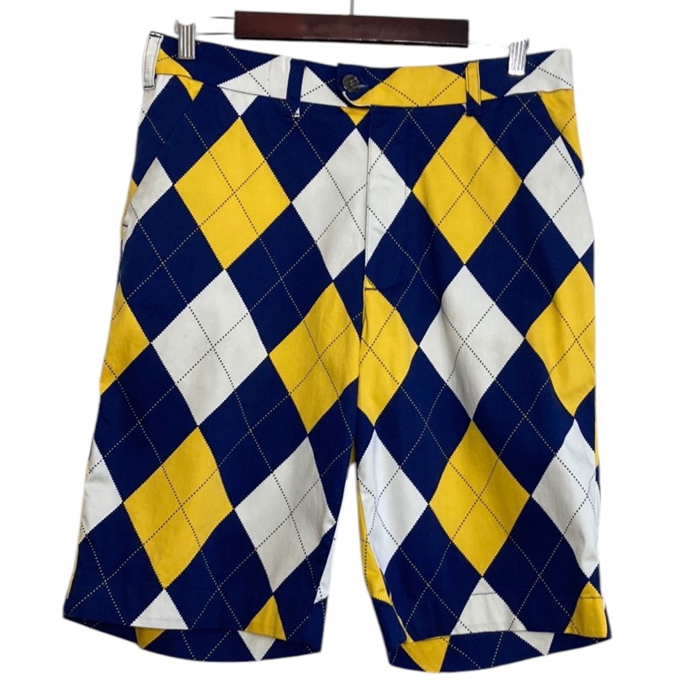 Loudmouth Shorts Mens 32 x 11 Yellow Blue White Argyle Print Cotton Golf Chinos